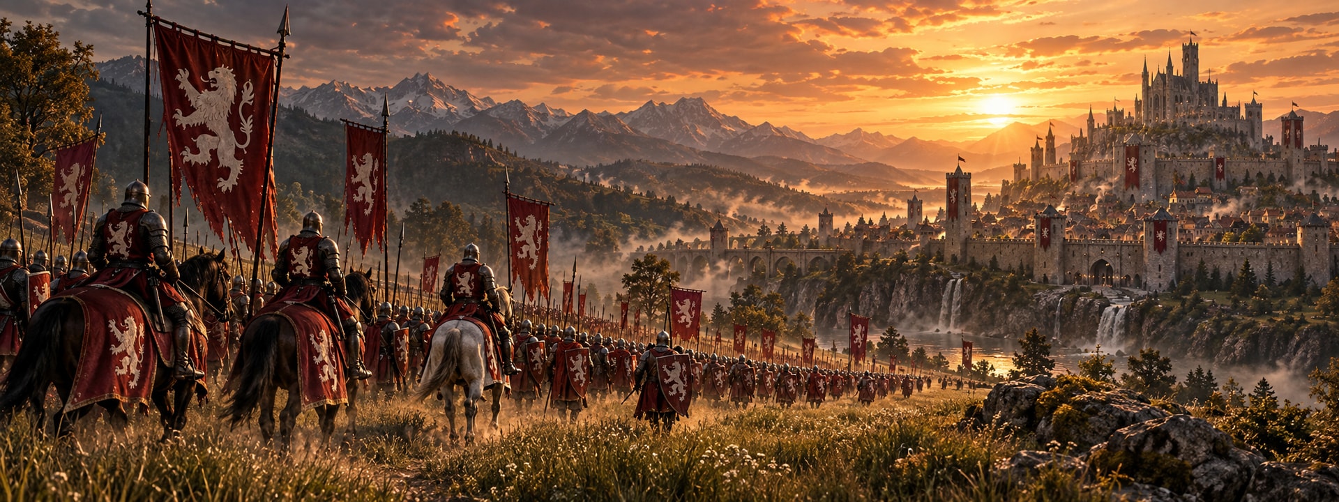 Une troupe de chevaliers sous les bannières rouges au lion