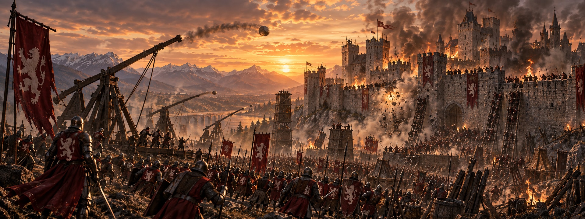 Un trébuchet devant une forteresse assiégée et en flammes